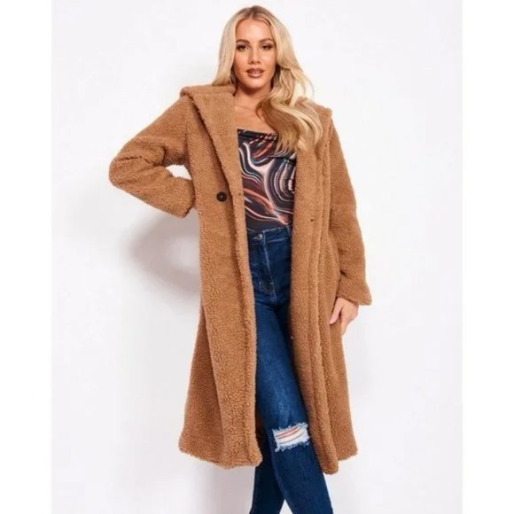 Brown Long Sleeve Hooded Hoodie Long Maxi Borg Teddy Bear Fur Coat - Picture 8 of 15